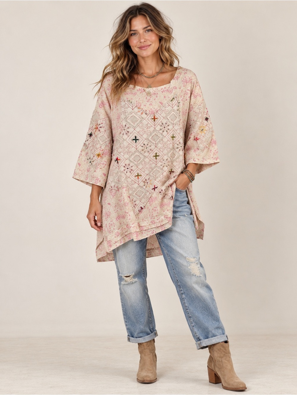 Jaded Gypsy Stars Align Tunic Pink Floral Embroidered High Low Boho Top - Picture 1 of 3